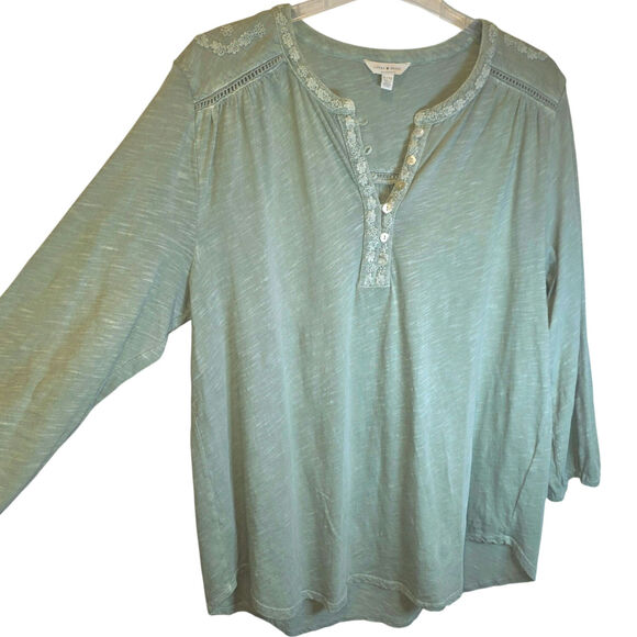 Lucky Brand Embroidered Henley Peasant Top Long Sleeve Split V-Neck Sz XL Green - Picture 2 of 14
